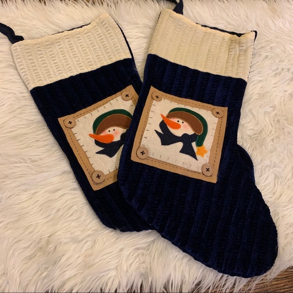 2 Beautiful Navy & Cream Primitive Snowman Stockings - Picture 12 of 12